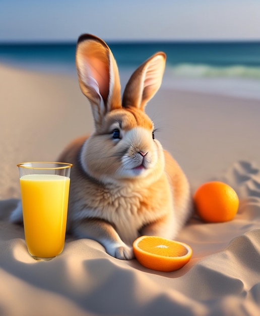 Conejito y jugo de naranja en la playa