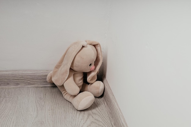 El conejito de juguete sentado en la esquina de la casa solo se ve triste y decepcionado