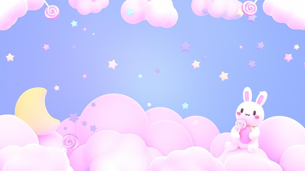 Conejito kawaii renderizado en 3D y luna en las nubes pastel.