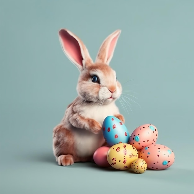 Un conejito lindo con huevos de Pascua.