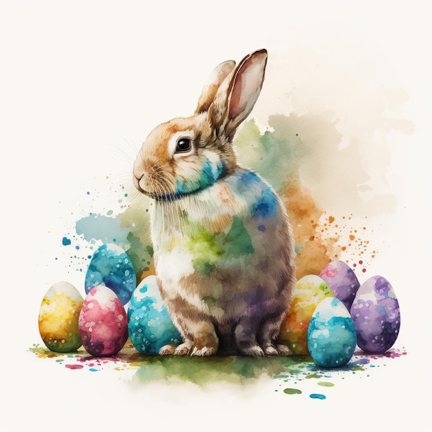 Conejito de Pascua con acuarela colorida de huevos de Pascua