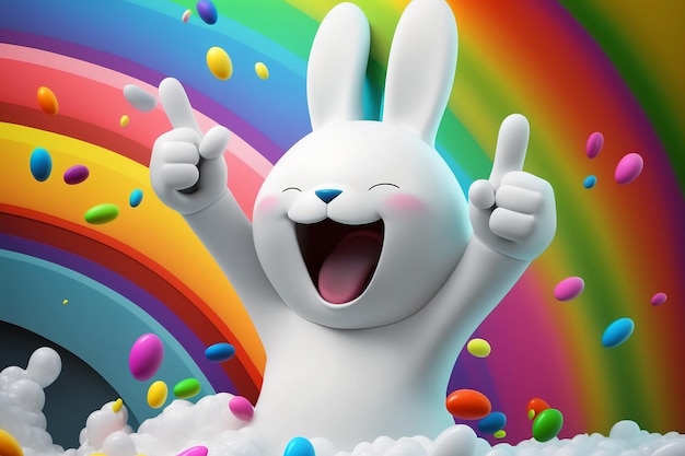 Conejito de Pascua bailando feliz sobre fondo de arco iris colorido Personajes de dibujos animados conejo IA generativa