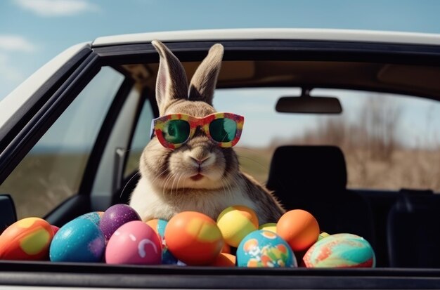 Conejito de pascua blanco sentado en un auto antiguo con gafas de sol con huevo de pascua ai generativo