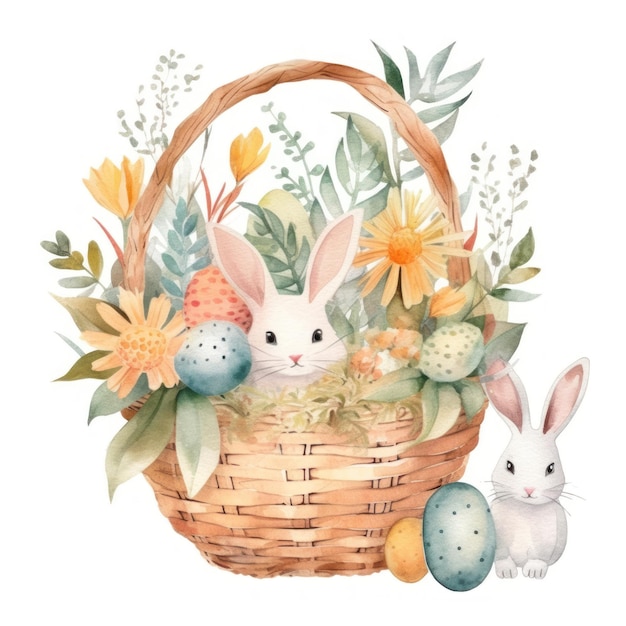 Conejito de pascua en una canasta con flores y huevos ilustración acuarela