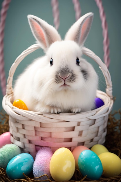 Conejito de pascua en una canasta con huevos