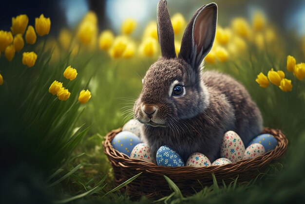 Conejito de pascua con una canasta llena de huevos adornados en un día soleado de césped verde IA generativa