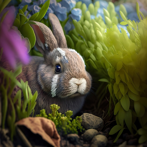 El conejito de Pascua esconde coloridos huevos de Pascua en un jardín.