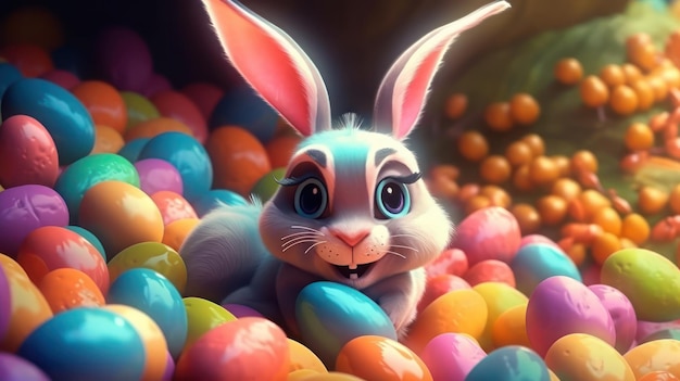 Conejito de Pascua feliz con muchos huevos de Pascua coloridos IA generativa