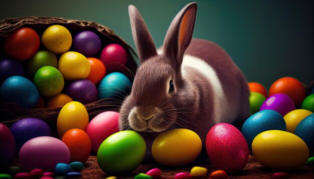 Conejito de Pascua feliz con muchos huevos de Pascua coloridos IA generativa