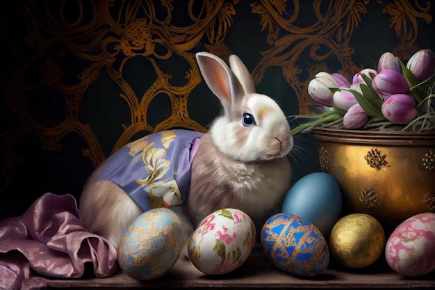 Conejito de pascua con flores y coloridos huevos adornados Generative Ai Art