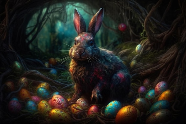 Conejito de Pascua y huevos de colores en el bosque sobre un fondo oscuro