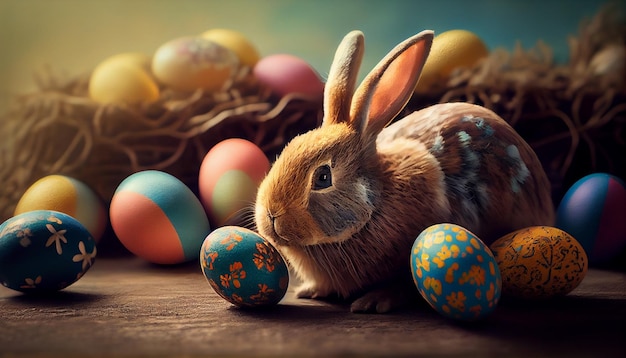 Conejito de Pascua y huevos coloridos sobre fondo de madera Feliz Pascua conceptgenerative ai