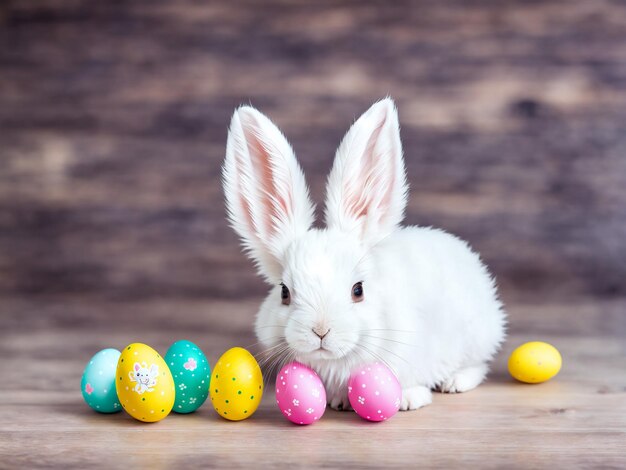 Conejito de pascua con huevos de pascua en una mesa de madera