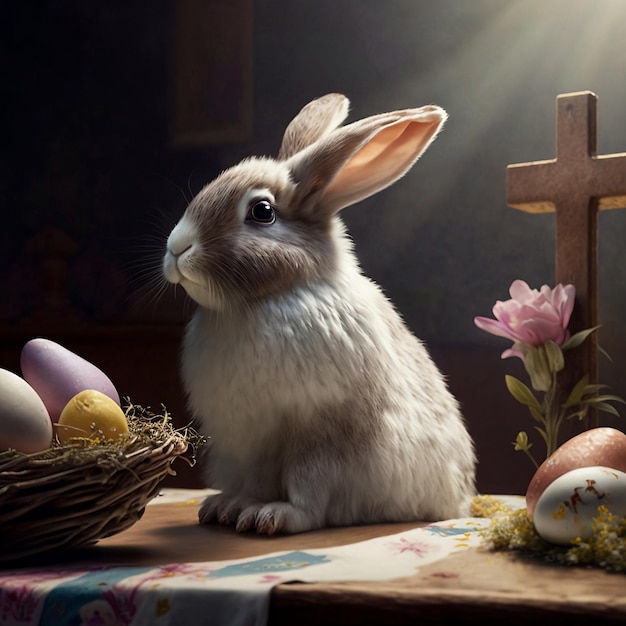 Foto conejito de pascua y ia generativa del cristianismo