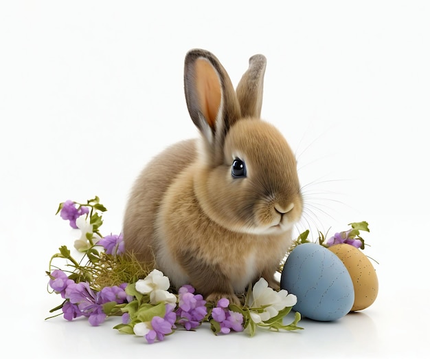 Conejito de Pascua junto a huevos y flores Concepto de primavera festiva con conejo IA generativa