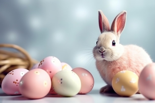 Conejito de pascua con un montón de huevos de pascua