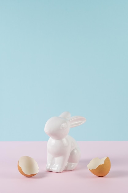 Conejito de Pascua o conejo con una cáscara de huevo rota Mínimo concepto de vacaciones de Pascua rosa y azul pastel