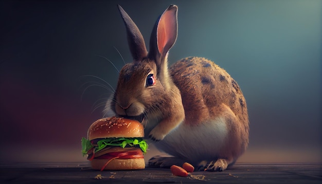 Conejito de Pascua Rabit comiendo hamburguesas de comida rápida