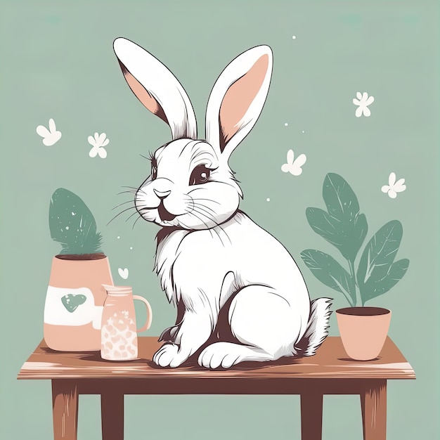 Conejito de pascua sentado en una mesa de madera ilustración vectorial conejo en maceta