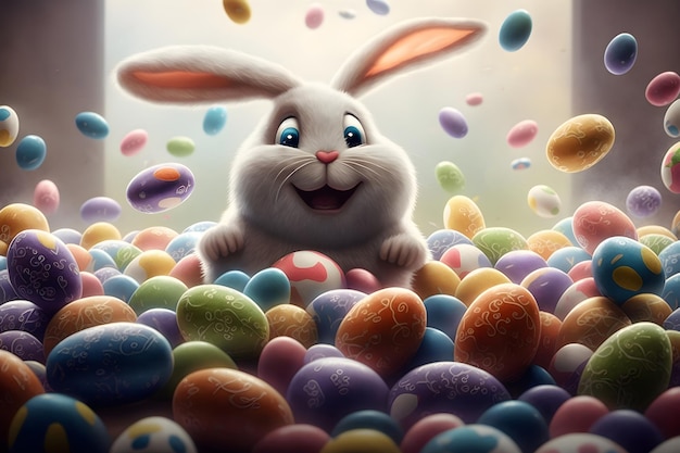 El conejito de Pascua sonríe entre una gran pila de huevos de colores IA generativa 2