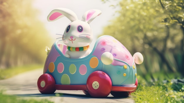 El conejito de Pascua viaja en un carro de huevos de Pascua En estilo de dibujos animados AI generativo