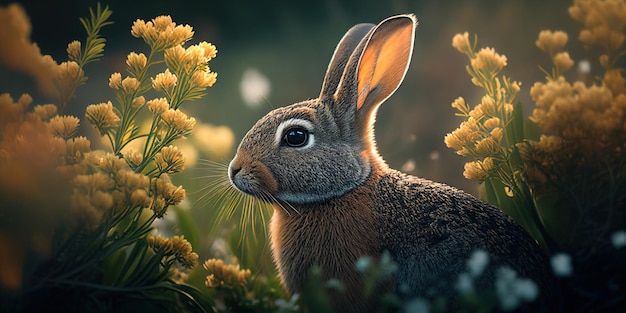 Conejito sentado entre las flores del campo al amanecer generativo ai