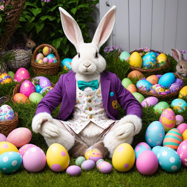 Foto un conejito sentado en un montón de huevos de pascua y una chaqueta morada.