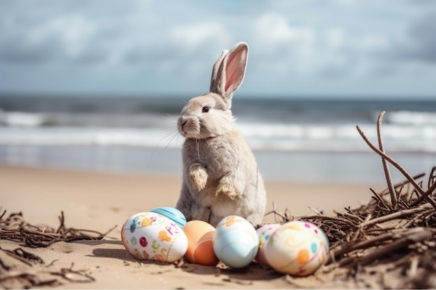 Un conejito sentado en la playa con unos huevos IA generativa