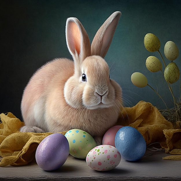 Un conejito se sienta al lado de los huevos de Pascua en una mesa.