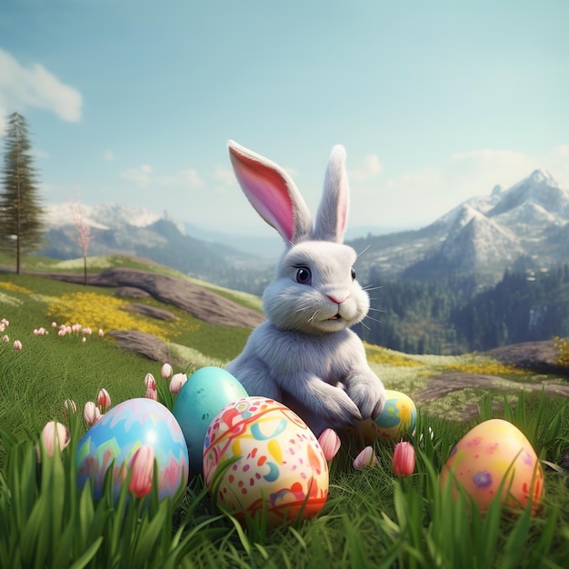 Un conejito se sienta en un campo con huevos de Pascua y montañas al fondo.