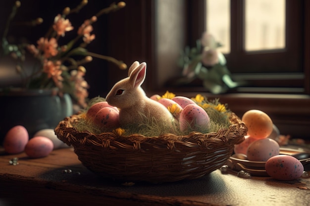 Un conejito se sienta en una canasta de huevos con flores en el fondo.