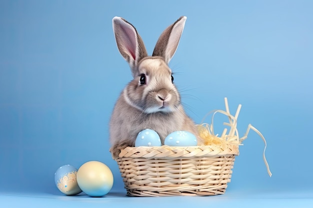 Un conejito se sienta en una canasta con huevos de Pascua.