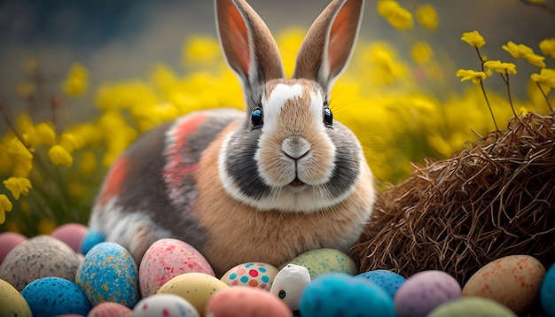 Un conejito se sienta entre coloridos huevos de pascua en un campo