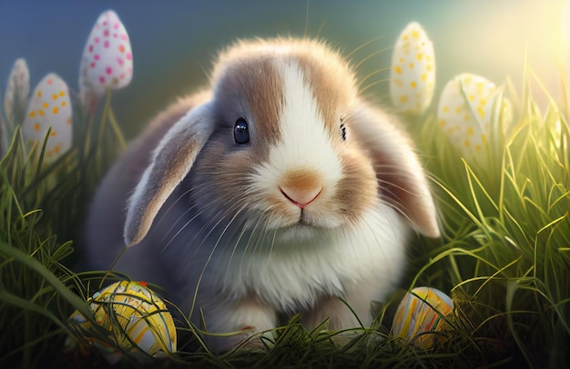 Un conejito se sienta en la hierba con huevos de Pascua.