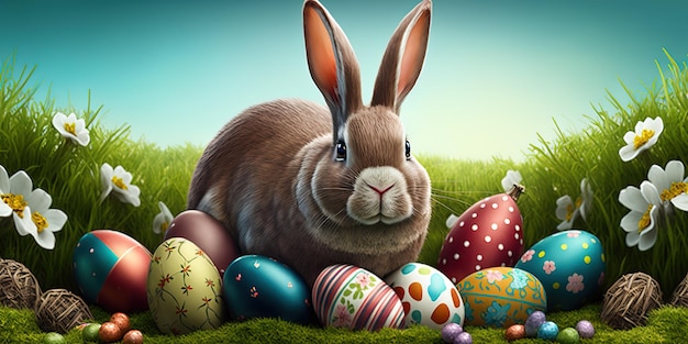 Un conejito se sienta entre los huevos de Pascua en un campo.