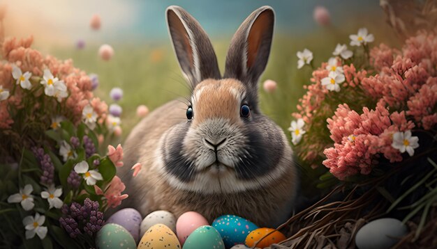 Un conejito se sienta entre los huevos de Pascua en un campo.