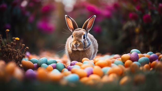 Un conejito se sienta entre los huevos de Pascua en una canasta.