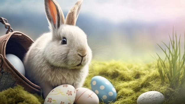 Un conejito se sienta entre los huevos de pascua con un cartel que dice 'pascua'