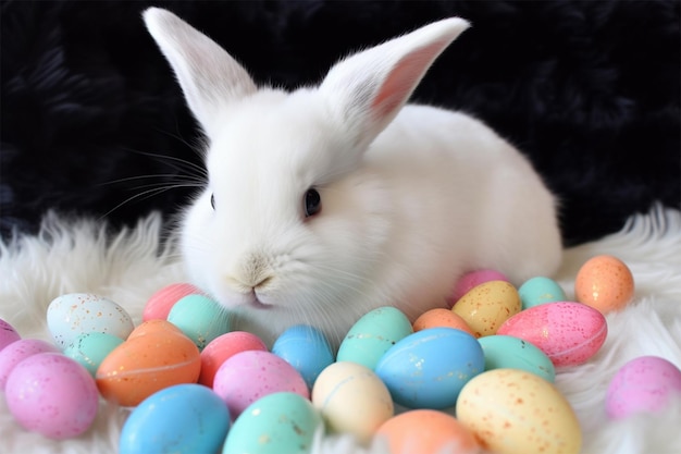 Un conejito se sienta entre los huevos de pascua sobre un fondo negro.