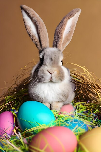 Un conejito se sienta en un nido con huevos coloridos.