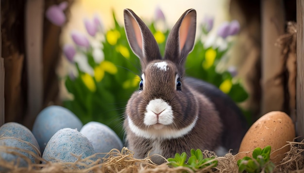 Un conejito se sienta en un nido con huevos de pascua.