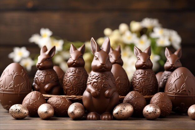 Conejitos de chocolate festivos y huevos de Pascua en una mesa de madera