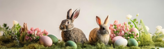 Conejitos con huevos de Pascua y fondo de banner de flores