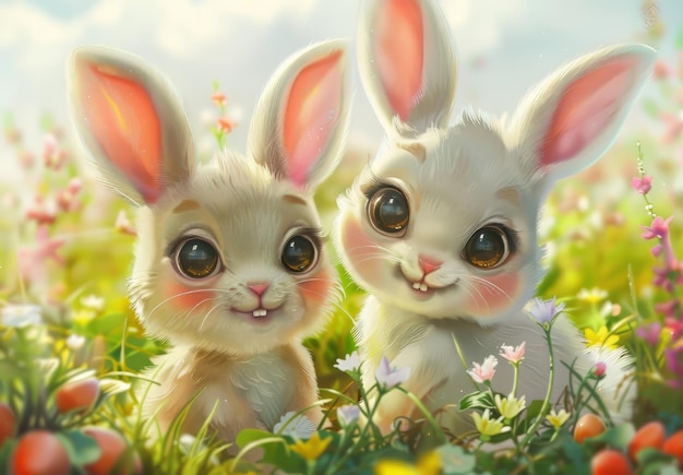 Foto conejitos lindos arte de conejitos adorables con mejillas gordas ojos expresivos contenido temático de pascua