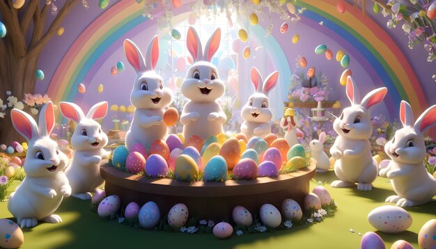 Los conejitos organizan una celebración alegre huevos flores y arco iris adornando este país de las maravillas de Pascua en 3D