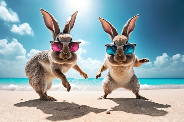 Conejitos de Pascua saltando y teniendo un ventilador en la playa de arena con cielo azul Generado por IA