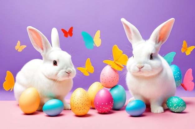 Los conejitos peludos blancos se sientan en un fondo de color junto a los huevos conejos de Pascua en un fondo colorido