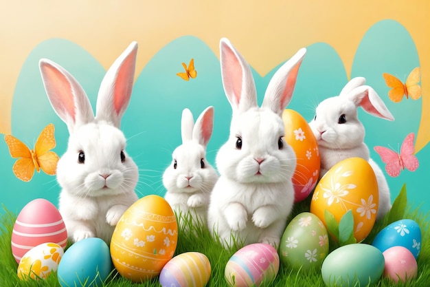 Los conejitos peludos blancos se sientan en un fondo de color junto a los huevos conejos de Pascua en un fondo colorido