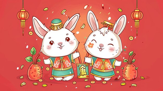 Foto conejitos en traje tradicional con cubo de zanahorias y palo de la fortuna chino apto para promociones en línea de cny