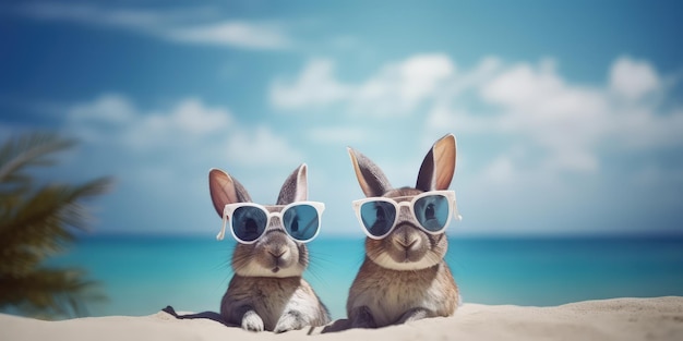 Conejitos de vacaciones en la playa en postal de gafas de sol